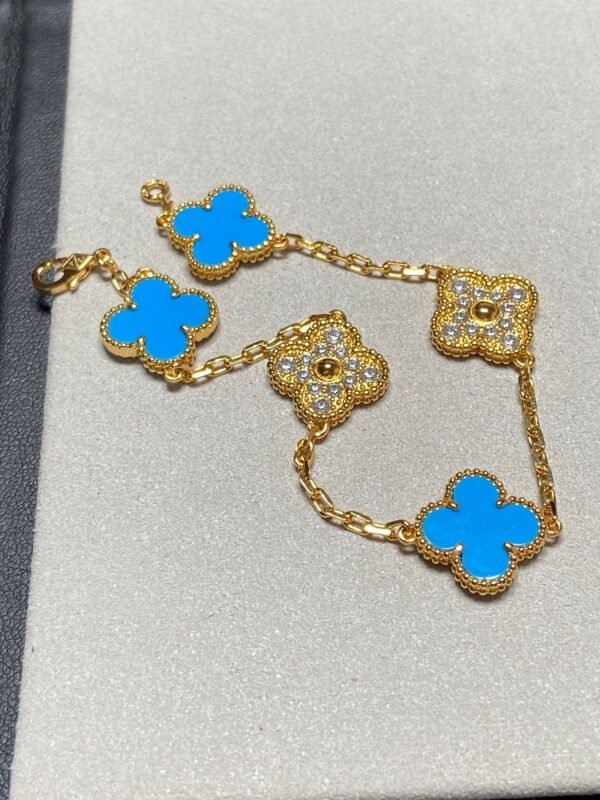 [Eternal Jewelry]CLOVER 5 MOTIF BLUE CHALCEDONY DIAMOND GOLD BRACELET