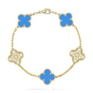 [Eternal Jewelry]CLOVER 5 MOTIF BLUE CHALCEDONY DIAMOND GOLD BRACELET