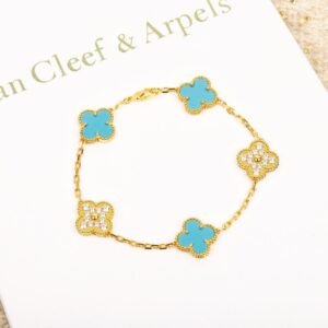 [Eternal Jewelry]CLOVER 5 MOTIF TURQUOISE DIAMOND GOLD BRACELET