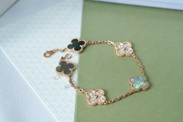 [Eternal Jewelry]CLOVER 5 MOTIFS DARK MOP AND DIAMONDS PINK GOLD BRACELET